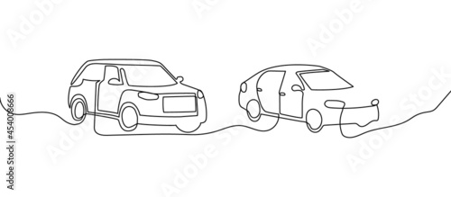 Car, vehicle continuous line drawing set. One line art of automobile, auto, crossover, four-by-four.