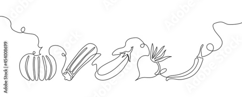 Vegetables one line set. Continuous line drawing of pumpkin, zucchini, eggplant, beets, chili peppers.