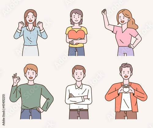 People are sending messages of support with various gestures. outline simple vector illustration.