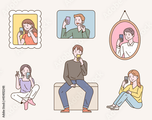 People are taking selfies. The picture is hung in a picture frame. outline simple vector illustration.