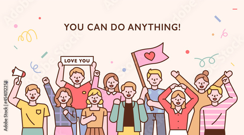Friends gather together and cheer. outline simple vector illustration.