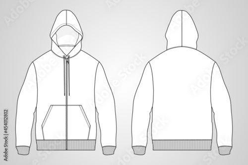 Long sleeve hoodie with Zipper technical fashion Drawing sketch template front and back view. apparel dress design vector illustration mock up jacket CAD. Easy edit and customizable.