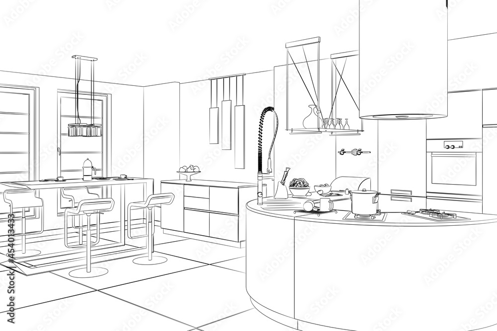 3d kitchen room graphical interior with black white sketch. linear sketch. 3d kitchen room graphical interior with black white sketch. linear sketch.