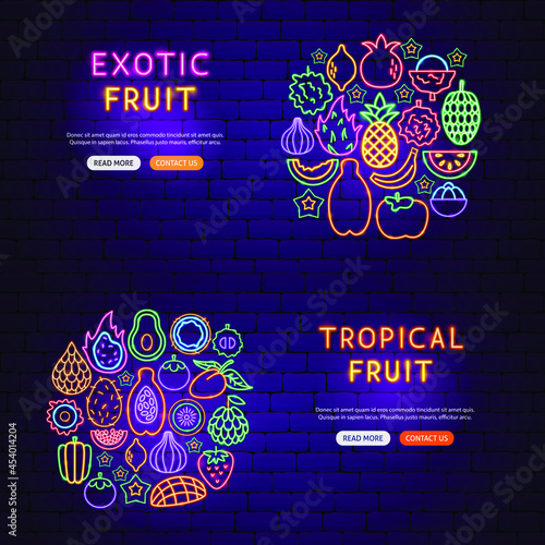 Exotic Fruit Neon Banners. Vector Illustration of Tropical Promotion.