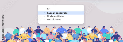mix race people choosing hr in search bar on virtual screen human resources recruitment hiring internet networking