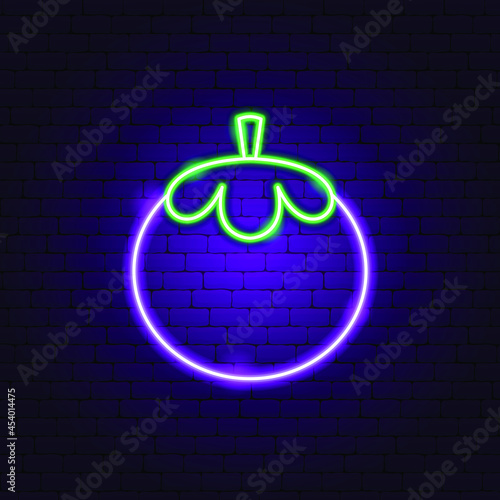 Mangosteen Neon Sign. Vector Illustration of Fruit Promotion.