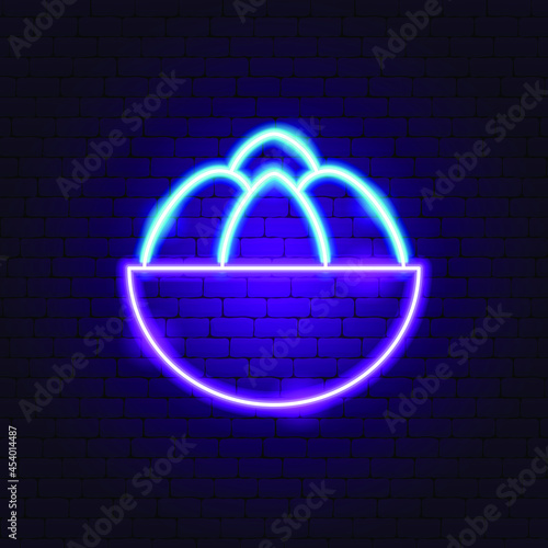 Mangosteen Slice Neon Sign. Vector Illustration of Fruit Promotion.