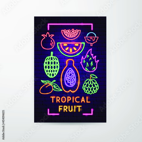 Tropical Fruit Neon Flyer. Vector Illustration of Exotic Promotion.