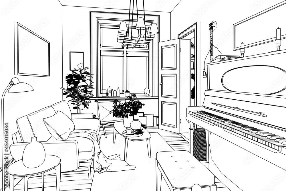 Modern Sitting Room Inside a Fresh Renovated Building (sketch)  - 3d visualization