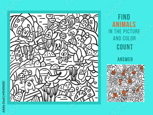 Find animals and color, count. Games for Children. Puzzle Hidden Items. Funny cartoon character. Vector illustration.