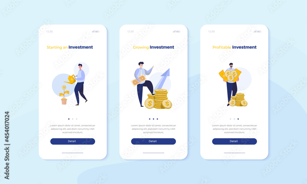 Mobile screen UI with business investment illustration set concept Mobile screen UI with business investment illustration set concept