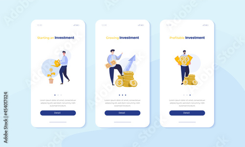 Mobile screen UI with business investment illustration set concept