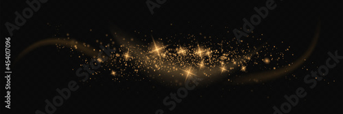 The dust sparks and golden stars shine with special light. Vector sparkles on a transparent background. Christmas light effect. Sparkling magical dust particles.