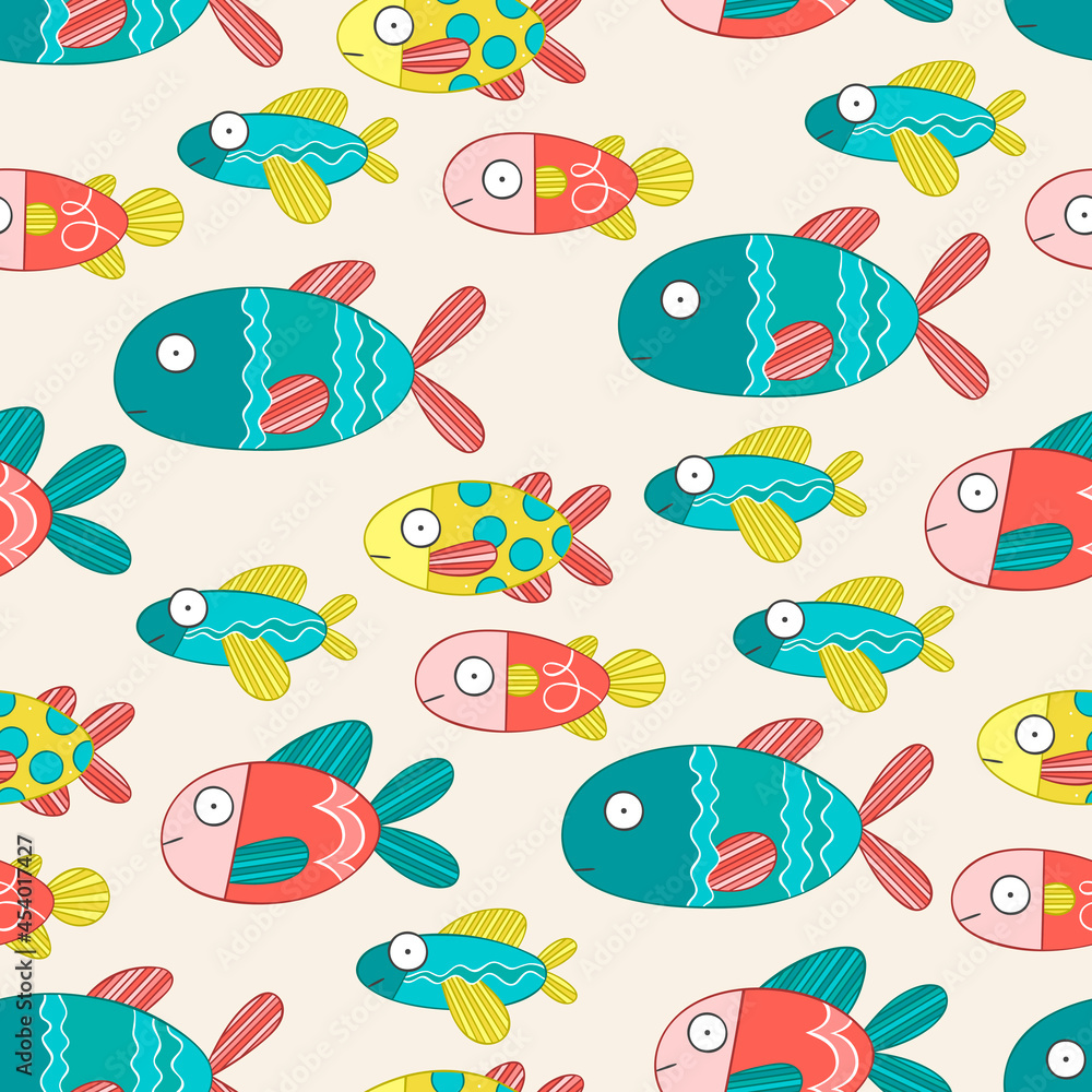 Naklejka premium Fish. Sea animals. Seamless vector pattern (background). Cartoon print.