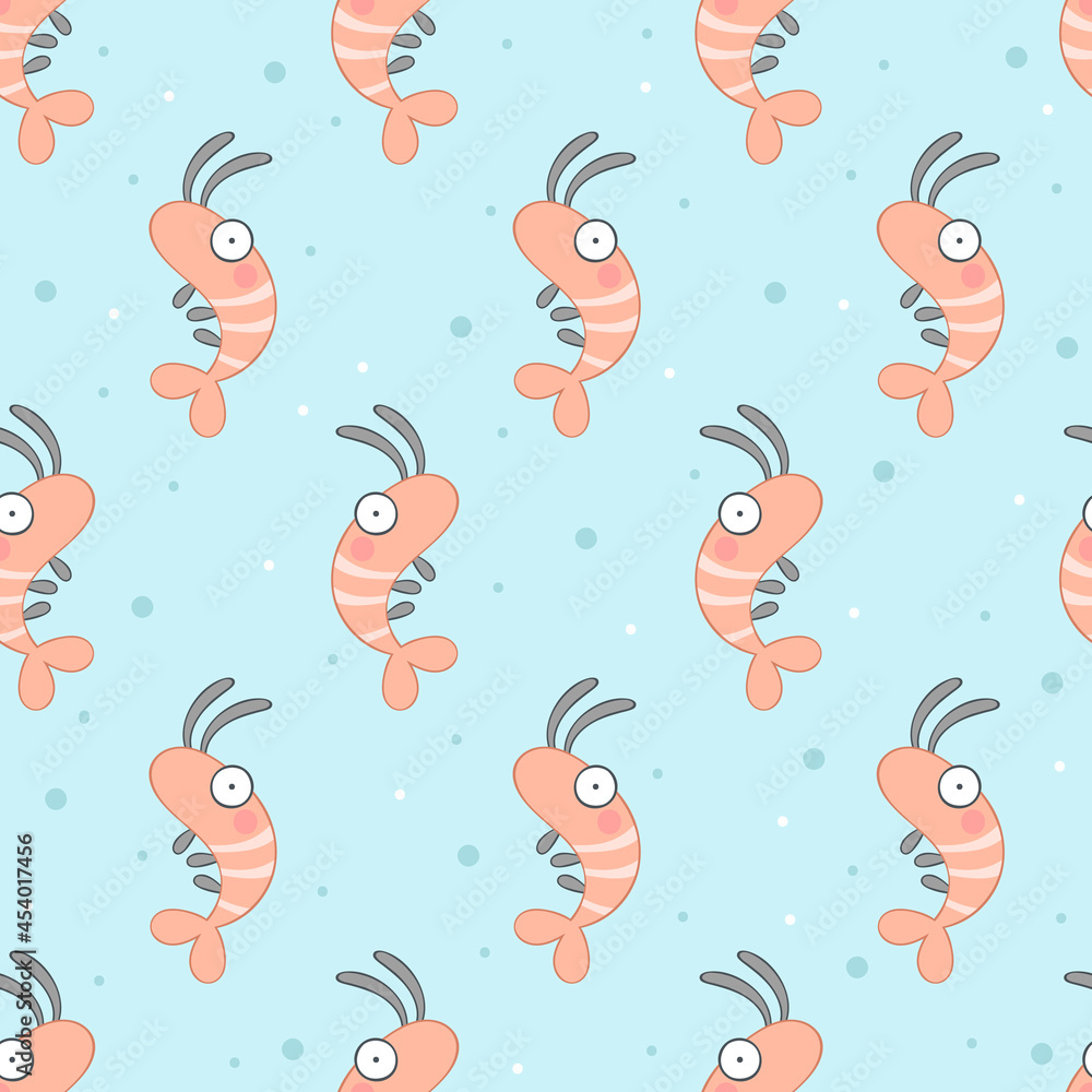 Marine animal. Shrimp. Cartoon print. Seamless vector pattern (background). Circular dots. 