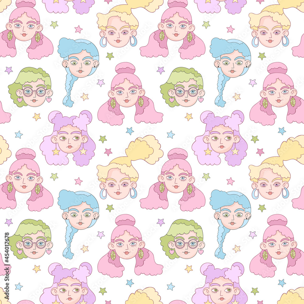Beautiful girl. Cartoon character. Crazy hairstyle model art. Stars print. Seamless vector pattern (background). Beautiful girl. Cartoon character. Crazy hairstyle model art. Stars print. Seamless vector pattern (background).