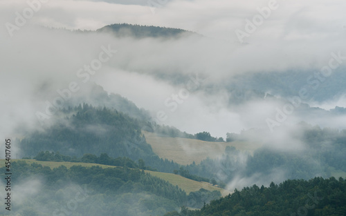 Mountain hills in fog, Beskid Sadecki, Piwniczna, Poland in the area of Poprad Landscape Park