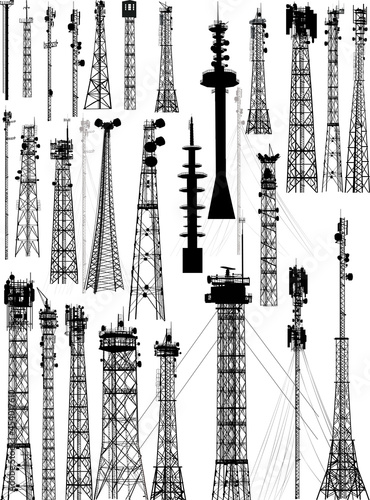 group with twenty eight antenna towers on white