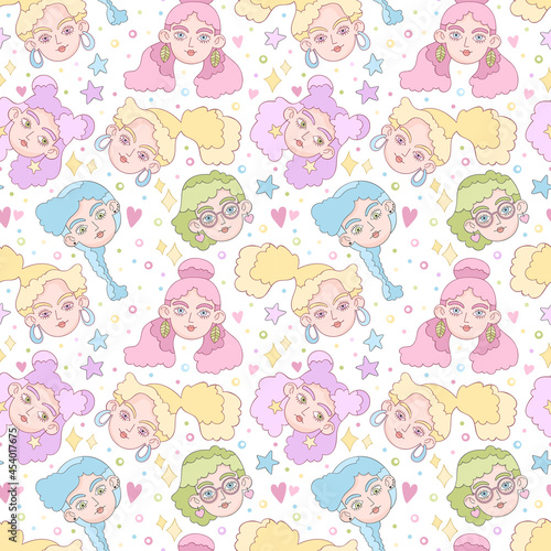 Beautiful girl. Cartoon character. Crazy hairstyle model art. Hearts, stars, dots and sparkles. Seamless vector pattern (background). 