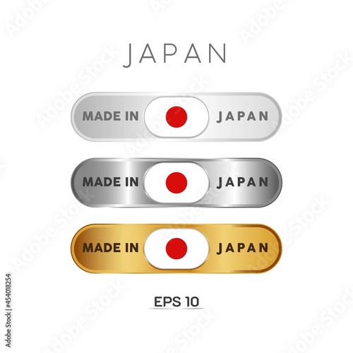 Made in Japan Label, Stamp, Badge, or Logo. With The National Flag of Japan. On platinum, gold, and silver colors. Premium and Luxury Emblem