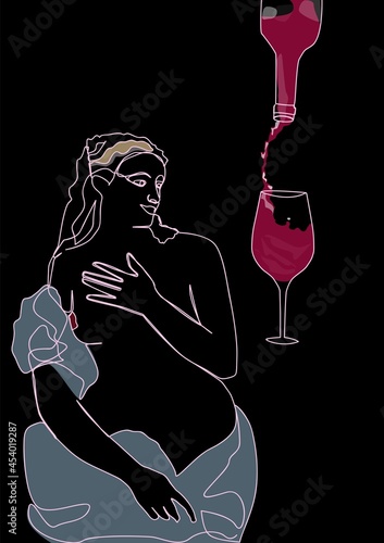 A girl in the Renaissance style stands with her hand on her chest. In a blue toga. The red wine pours into the glass. One Line Art