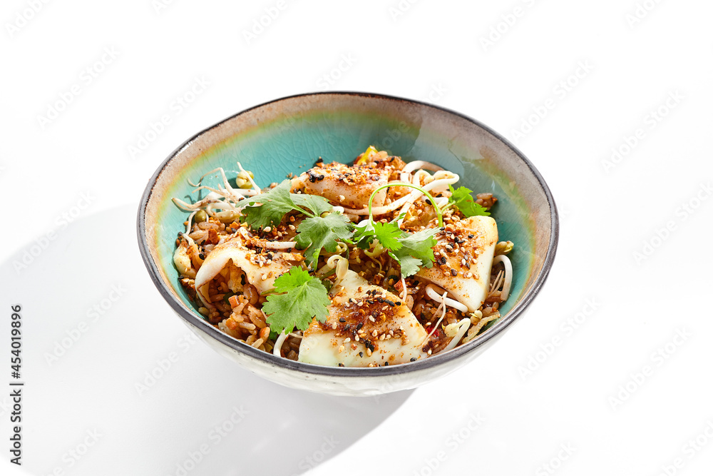 Pan asian traditional dish - fried rice with egg, vegetables, and squid. Indian wok with rice, egg and kalmar on white background. Nasi goreng with calamari on isolated background with shadows. Pan asian traditional dish - fried rice with egg, vegetables, and squid. Indian wok with rice, egg and kalmar on white background. Nasi goreng with calamari on isolated background with shadows.