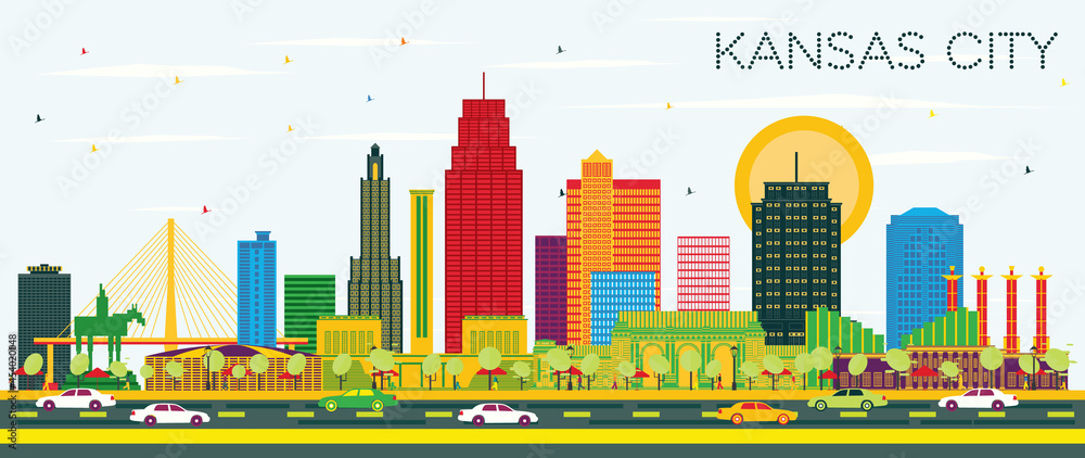 Kansas City Missouri City Skyline with Color Buildings and Blue Sky.