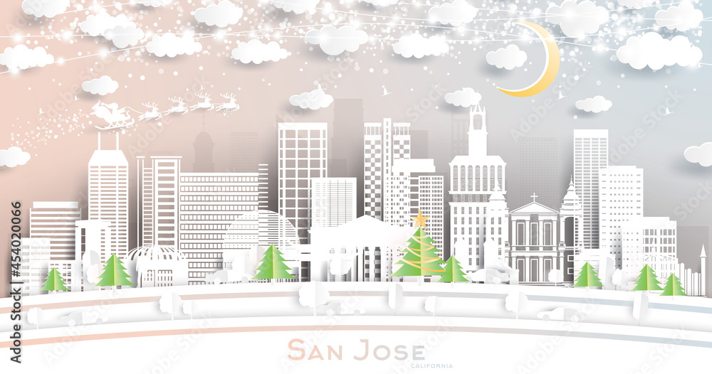 San Jose California City Skyline in Paper Cut Style with Snowflakes, Moon and Neon Garland.