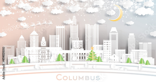 Columbus Ohio City Skyline in Paper Cut Style with Snowflakes  Moon and Neon Garland.