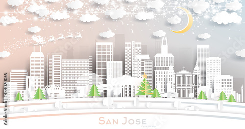San Jose California City Skyline in Paper Cut Style with Snowflakes  Moon and Neon Garland.