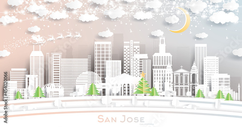 San Jose California City Skyline in Paper Cut Style with Snowflakes, Moon and Neon Garland.