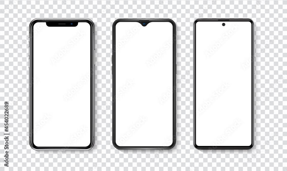 High quality realistic trendy smartphone with blank white screen. Phone mockup for visual UI UX app demonstration. Vector mobile set device concept - obrazy, fototapety, plakaty 