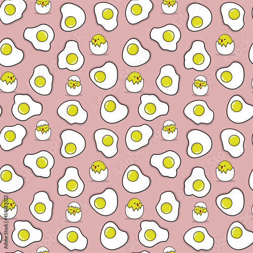 Fried eggs seamless pattern with chicks. Breakfast seamless pattern with scrambled eggs. Eggs pattern for wallpaper, textile, bag, mug, plate ect.