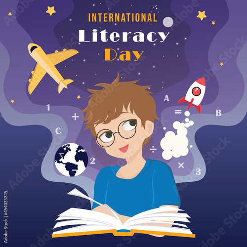 international literacy day illustration boy opening a book with a lot of knowledge. 