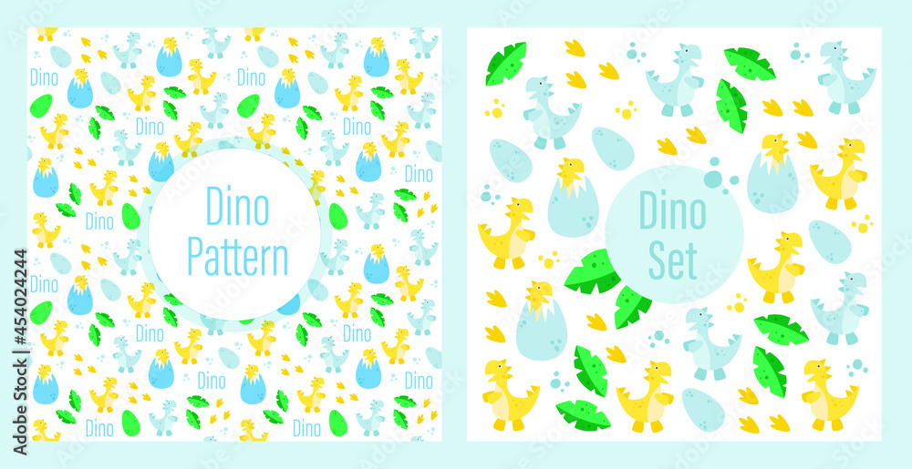 Naklejka premium Dinosaurs set and pattern, on a white background. Vector graphics. Tyrannosaurus rex, Jurassic, dinosaur egg. Holiday theme, birthday. entertainment. Design for covers, books, notebooks, web sites.
