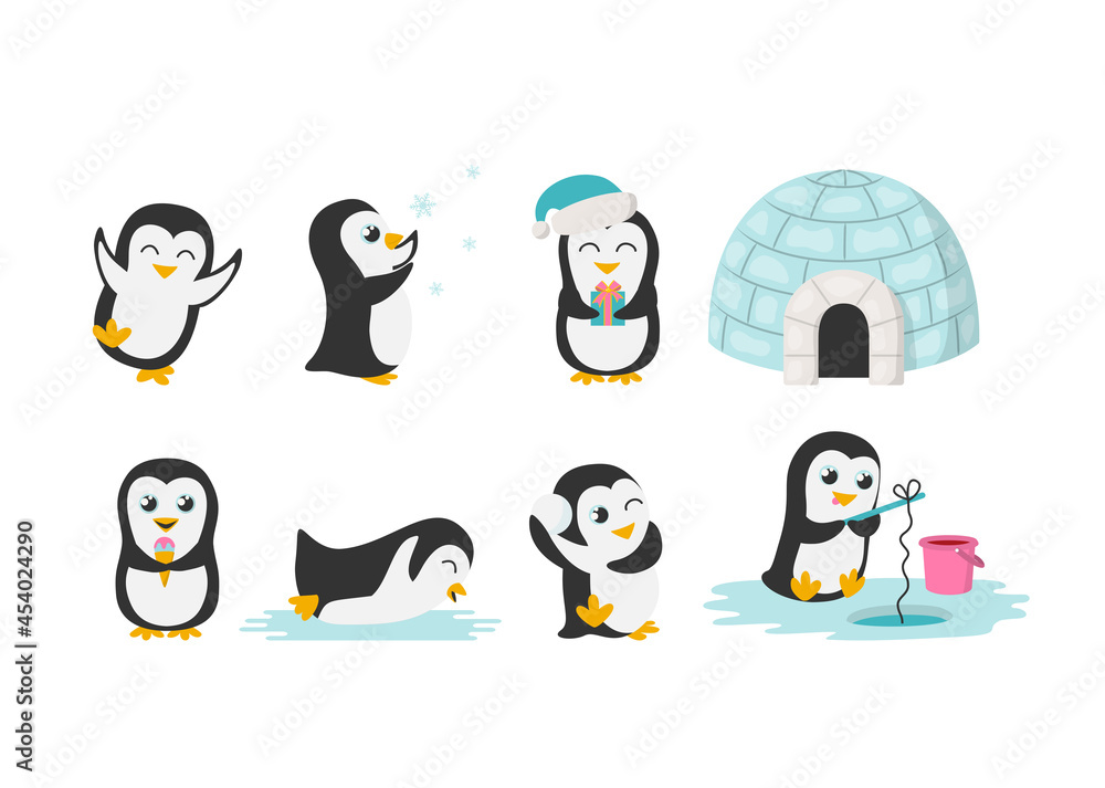 Obraz premium Collection of cute cartoon penguins with icehouse - dancing, eating ice cream, fishing. playing snowball. Winter decorative elements for printing on fabric, wrapping, greeting cards, banners. Vector