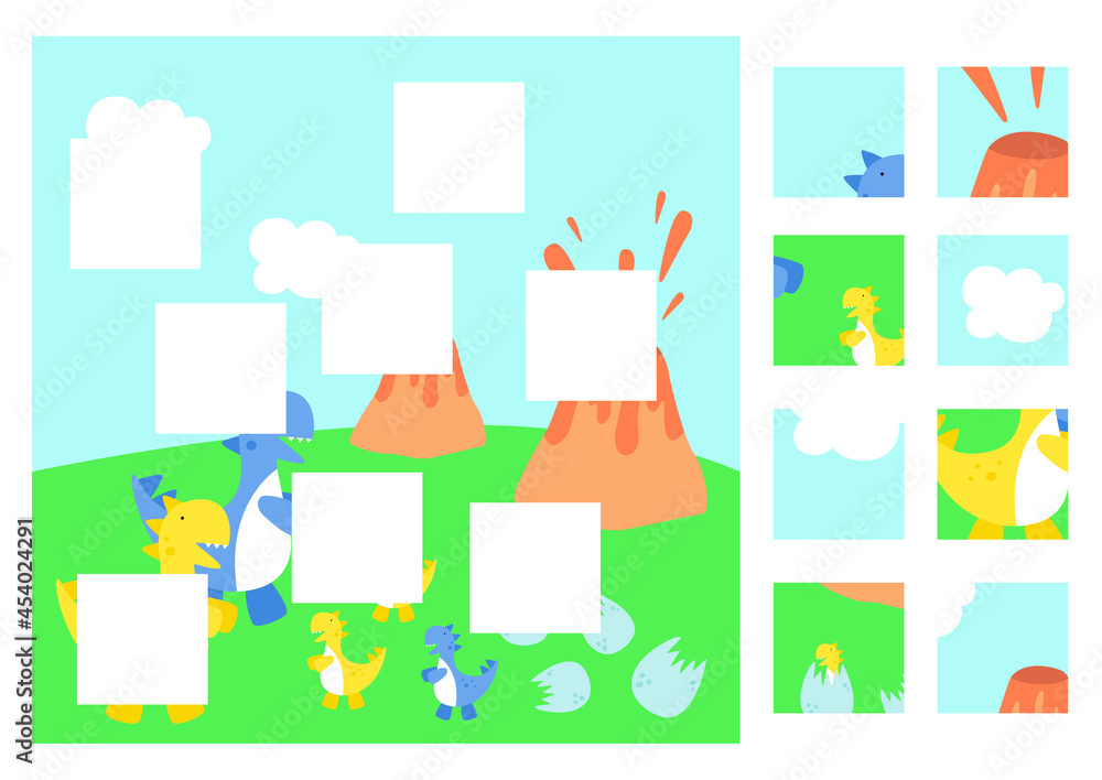 Vector graphics. A game for children. Bright and cute dinosaurs. Child development. Printout for preschoolers. Puzzle, occupation, riddle, logic game for the development of intelligence.