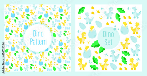 Dinosaurs set and pattern, on a white background. Vector graphics. Tyrannosaurus rex, Jurassic, dinosaur egg. Holiday theme, birthday. entertainment. Design for covers, books, notebooks, web sites.