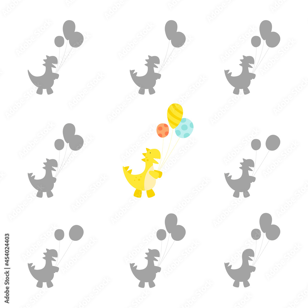 Find the right shadow. Mindfulness game for children. Vector graphics. Cute dinosaurs. Printout for preschoolers. Puzzle or riddle logic game for the development of intelligence.