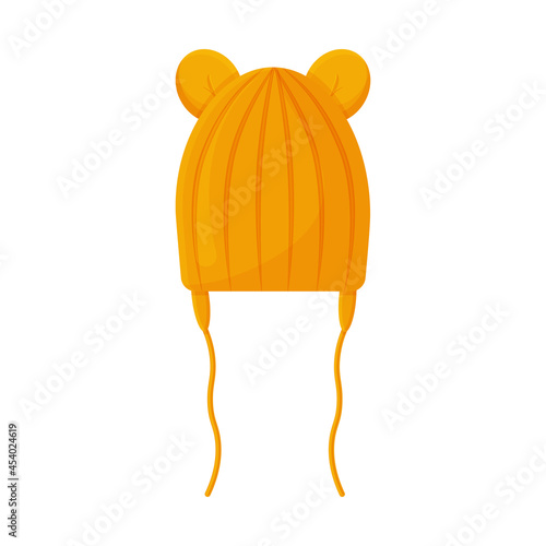 A warm knitted children s hat with cute bear ears. A warm yellow hat for walking in cold weather. Warm clothes. Vector illustration isolated on a white background.
