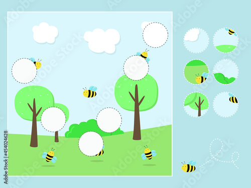 Assignments for preschoolers. A game for children. Illustration, bees fly in nature. Vector graphics. Design for children's books, notebooks. For printing on paper. Child development.