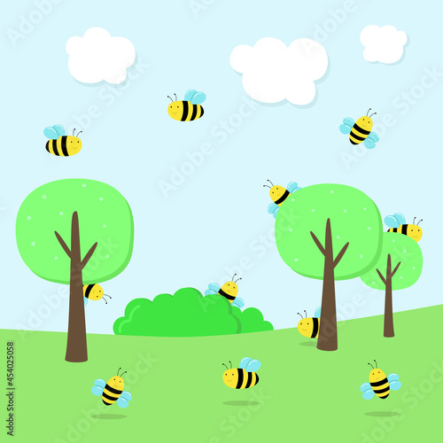 Tasks for children. Count the number of bees. Bright  childish illustration  bees in nature. Vector graphics. Design for children s books  exercise books for preschoolers. Child development  counting.
