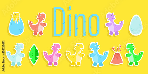 Fototapeta Naklejka Na Ścianę i Meble -  A set of stickers with colorful dinosaurs. Tyronosaurus rex 7 colors. Dinosaur egg, dinosaur footprints. Lettering. Vector graphics. Design for children's concilaria, notebooks, exercise books.