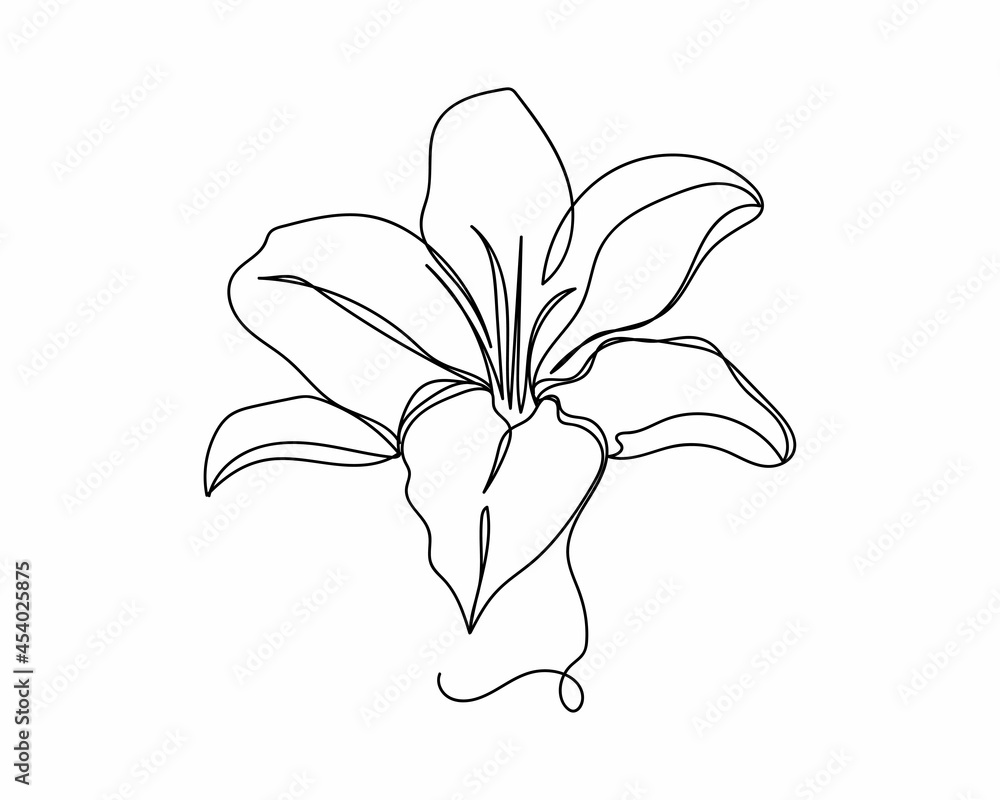 Continuous one line drawing of beautiful lilly flower icon in silhouette on a white background. Linear stylized.