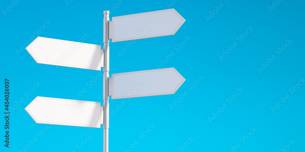 3d blank white directional arrow road signs with blue sky background,3d Illustration background 3d blank white directional arrow road signs with blue sky background,3d Illustration background