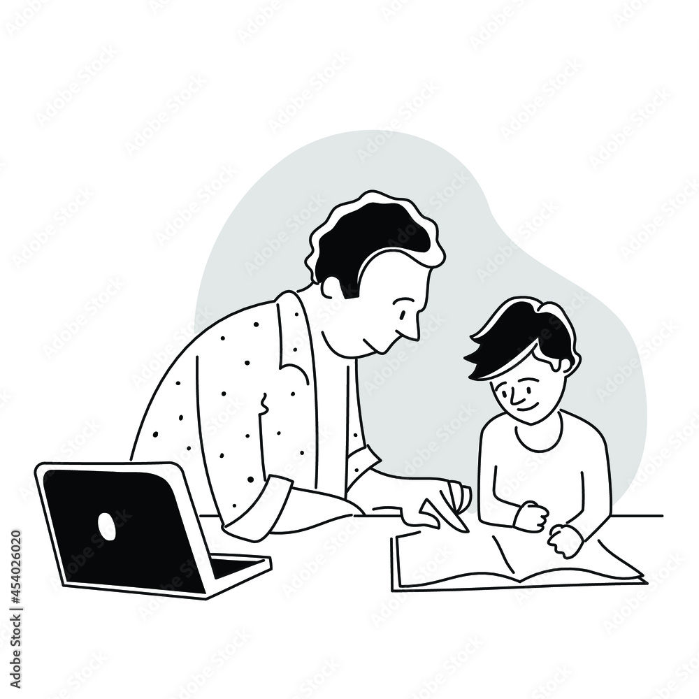 Young boy studying, writing on paper, his parent supervising or tutoring. Online Education, Home Schooling and e-Learning related illustration with editable stroke.