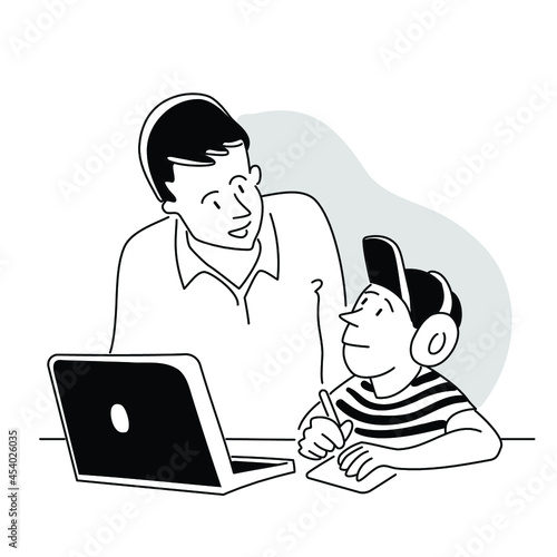 Young boy working on computer, writing on paper, his parent supervising or tutoring. Online Education, Home Schooling and e-Learning related illustration with editable stroke.