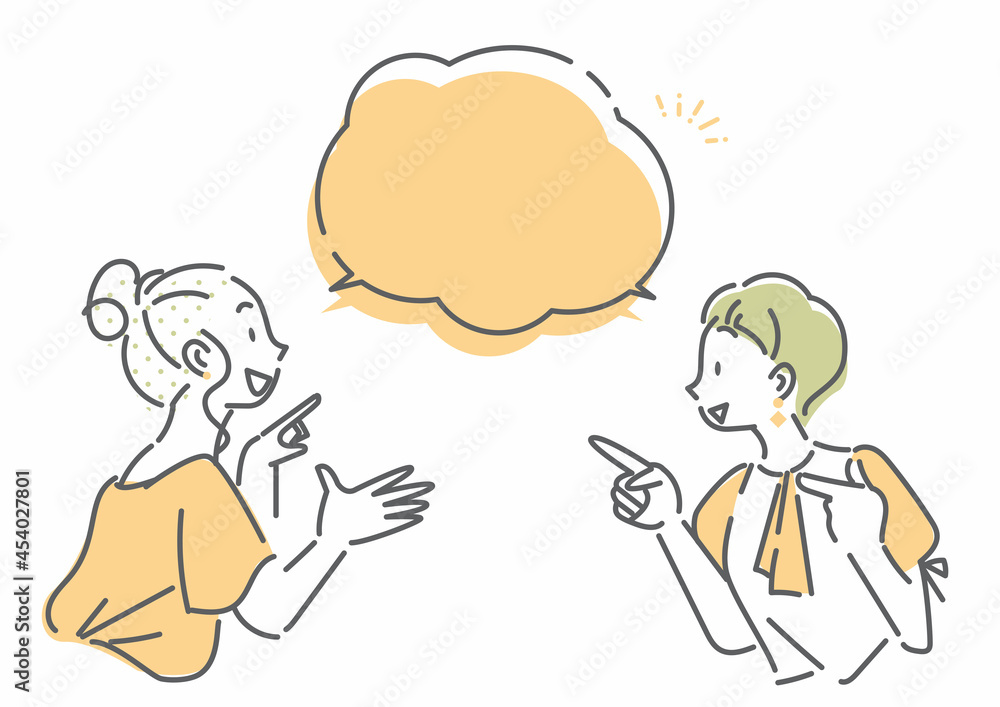 おしゃべりをする二人の女性 シンプルでお洒落な線画イラスト おしゃべりをする二人の女性 シンプルでお洒落な線画イラスト