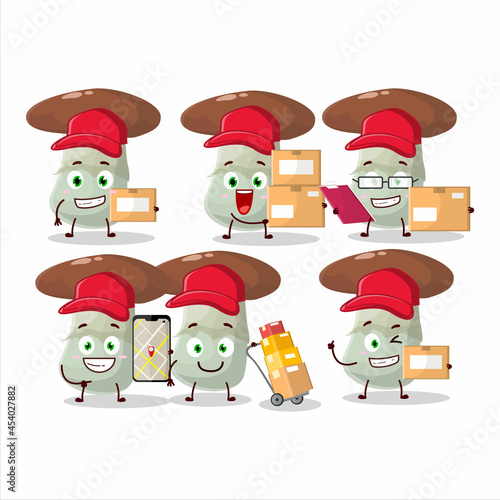 Cartoon character design of suillus mushroom working as a courier