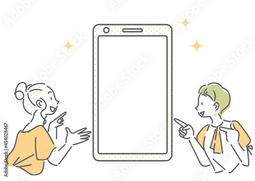 スマホを指差す女性　シンプルでお洒落な線画イラスト